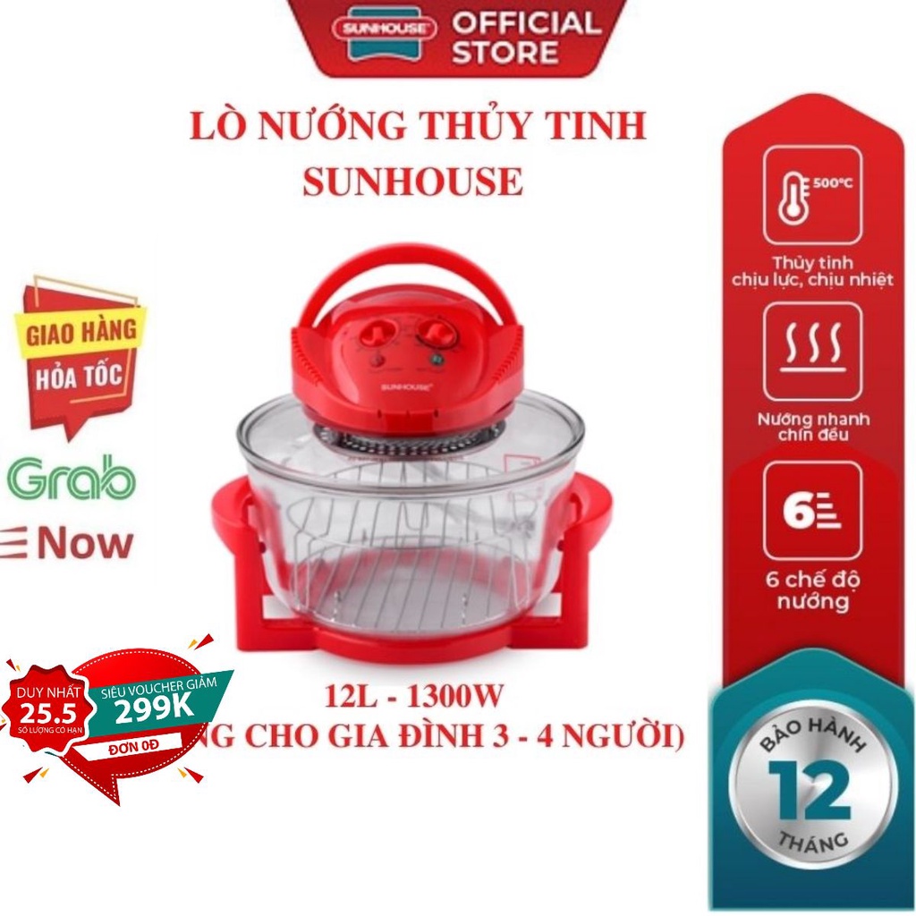 Bếp nướng điện SUNHOUSE SH416-2022 dung tích 12L đa năng nồi nướng bằng thủy tinh chịu nhiệt