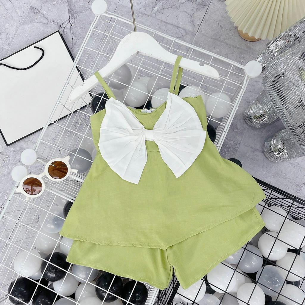 Bộ quần áo bé gái kiểu 2 dây nơ to xinh xắn vải đũi lạnh 8kg đến 18kg
