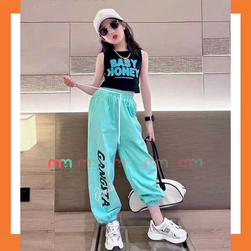 Bộ nhảy thể thao bé gái áo croptop sát nách phối quần jogger cá tính thun cotton mềm mịn co dãn thấm hút bé 9kg đến 42kg