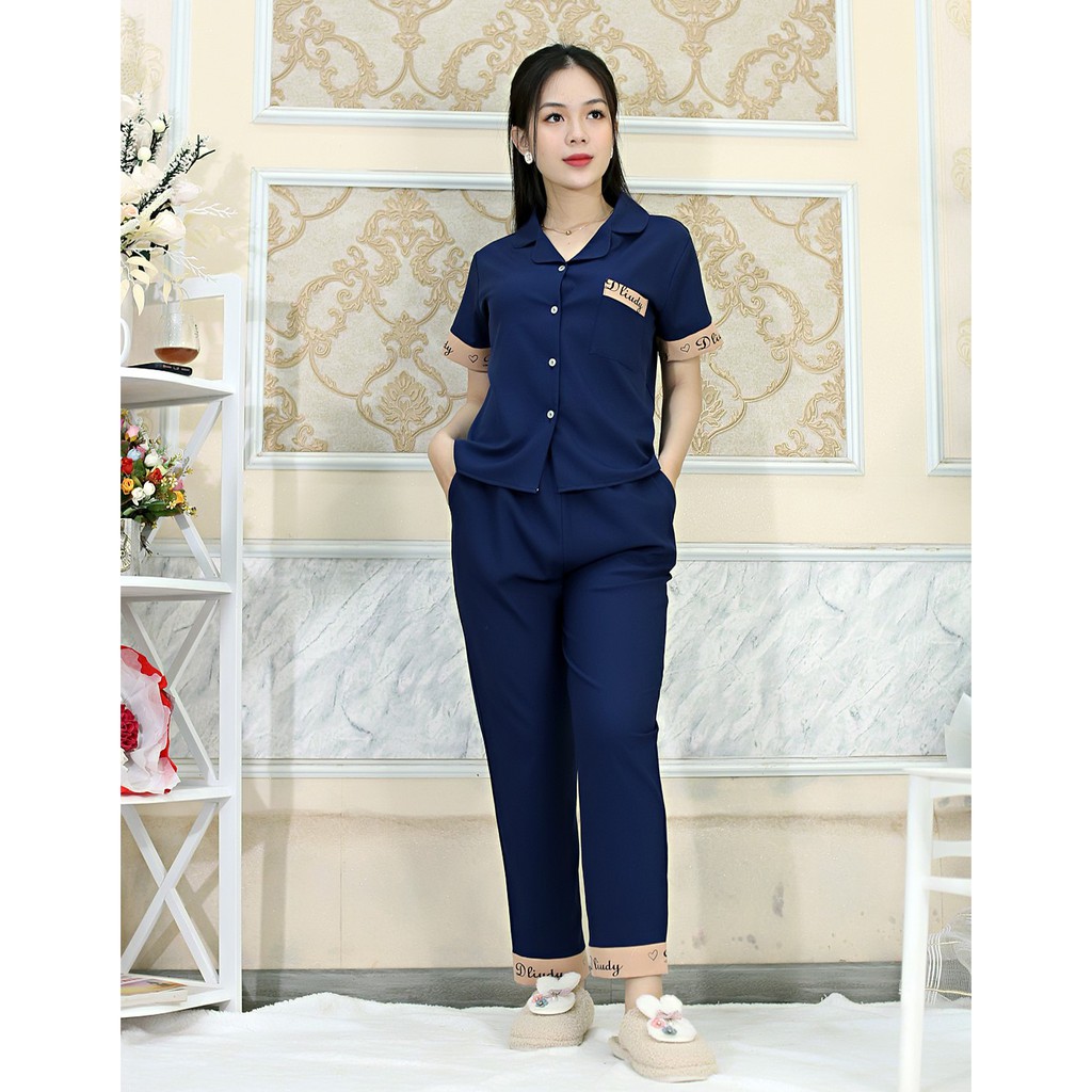 Bộ đồ bộ Pijama màu XANH ĐEN tay ngắn quần dài lụa Pháp - Thoải Mái Nhẹ Nhàng