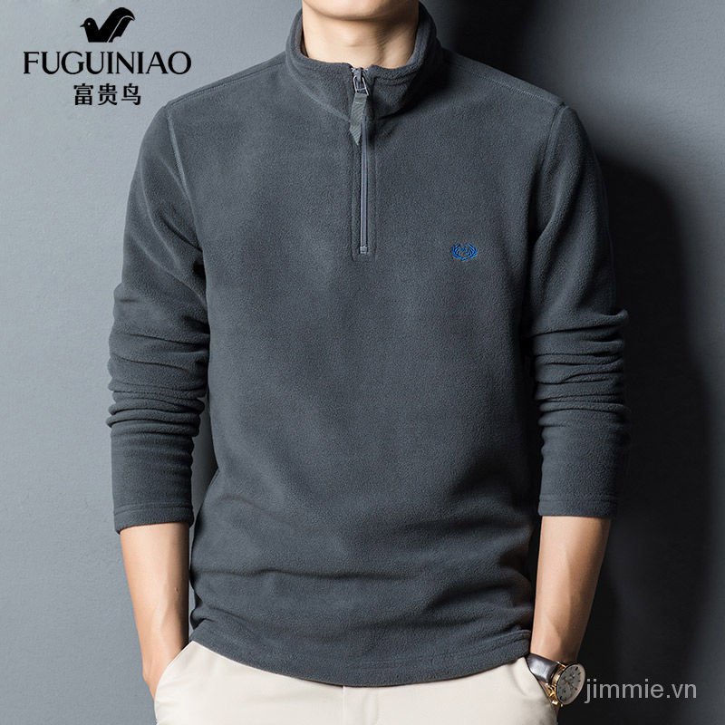 【Fuguiniao】Áo sweater lông cừu cổ đứng màu trơn hai mặt giữ ấm mùa đông trẻ trung cho nam