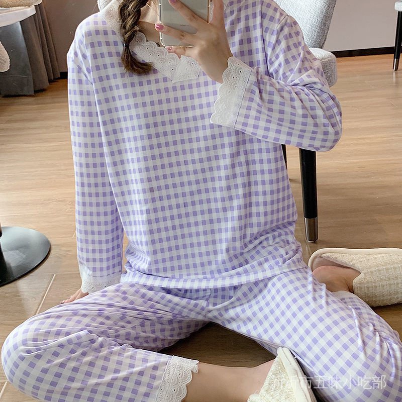 Bộ Đồ Ngủ Hai Mảnh Tay Dài Phối Ren Họa Tiết Kẻ Sọc Phong Cách Nhật Bản Thời Trang Xuân Thu Hàng Mới Dành Cho Bạn Nữ