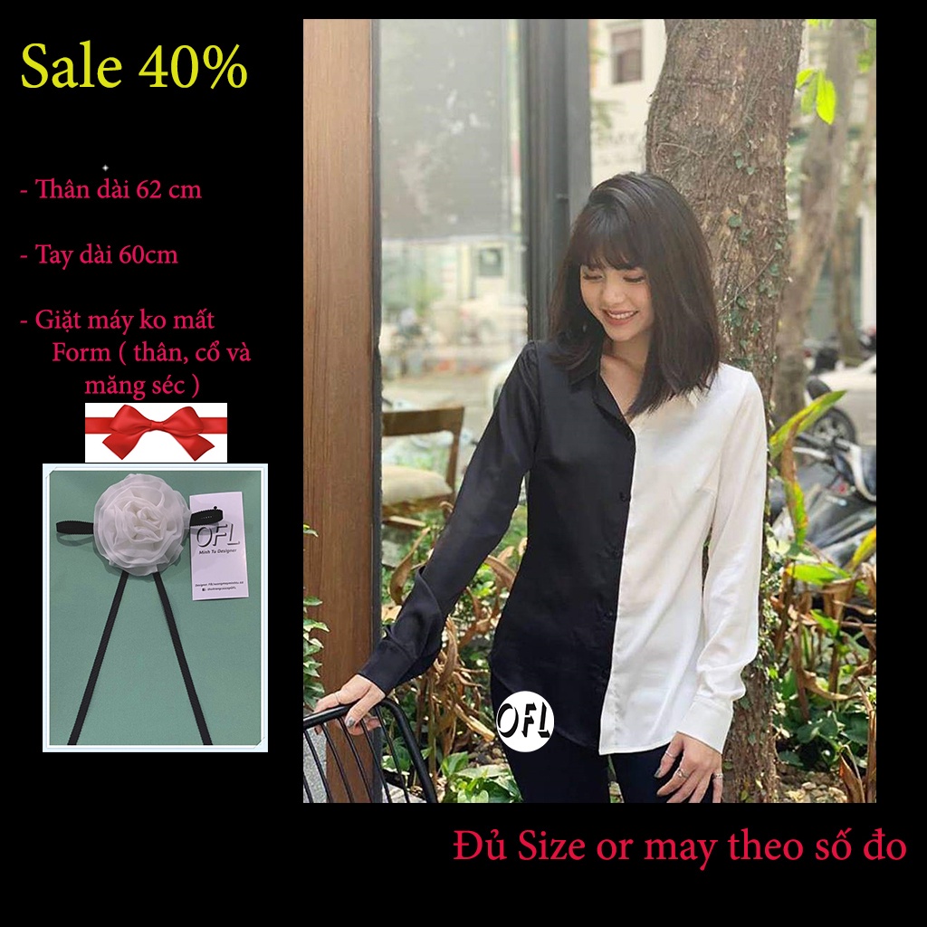 Áo Sơ Mi Nữ lụa cổ đức pha màu Tay Dài OFL, Chuẩn Form sơ mi thiết kế A02