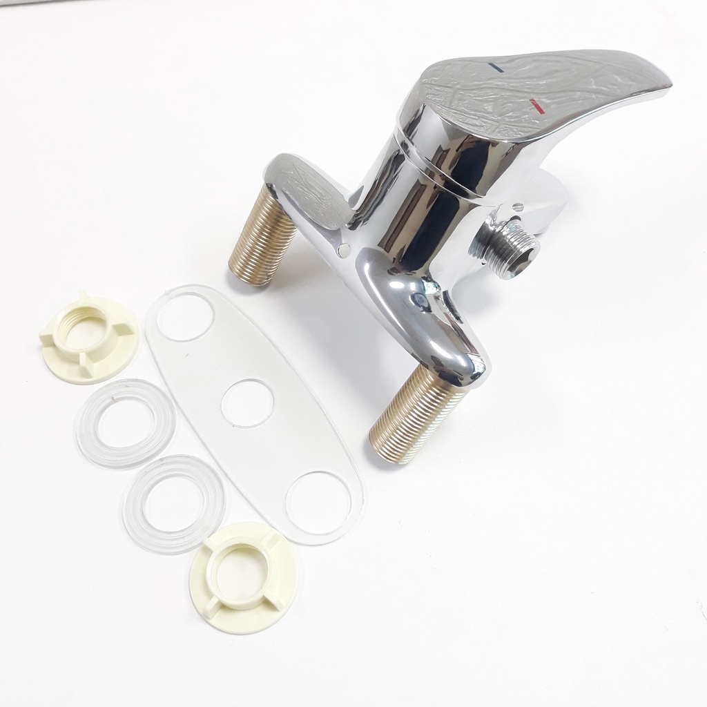 Vòi chậu rửa liền sen nóng lạnh, vòi lavabo liền vòi sen tăng áp 2 chân nóng lạnh bằng đồng mạ Niken màu Bạc cao cấp