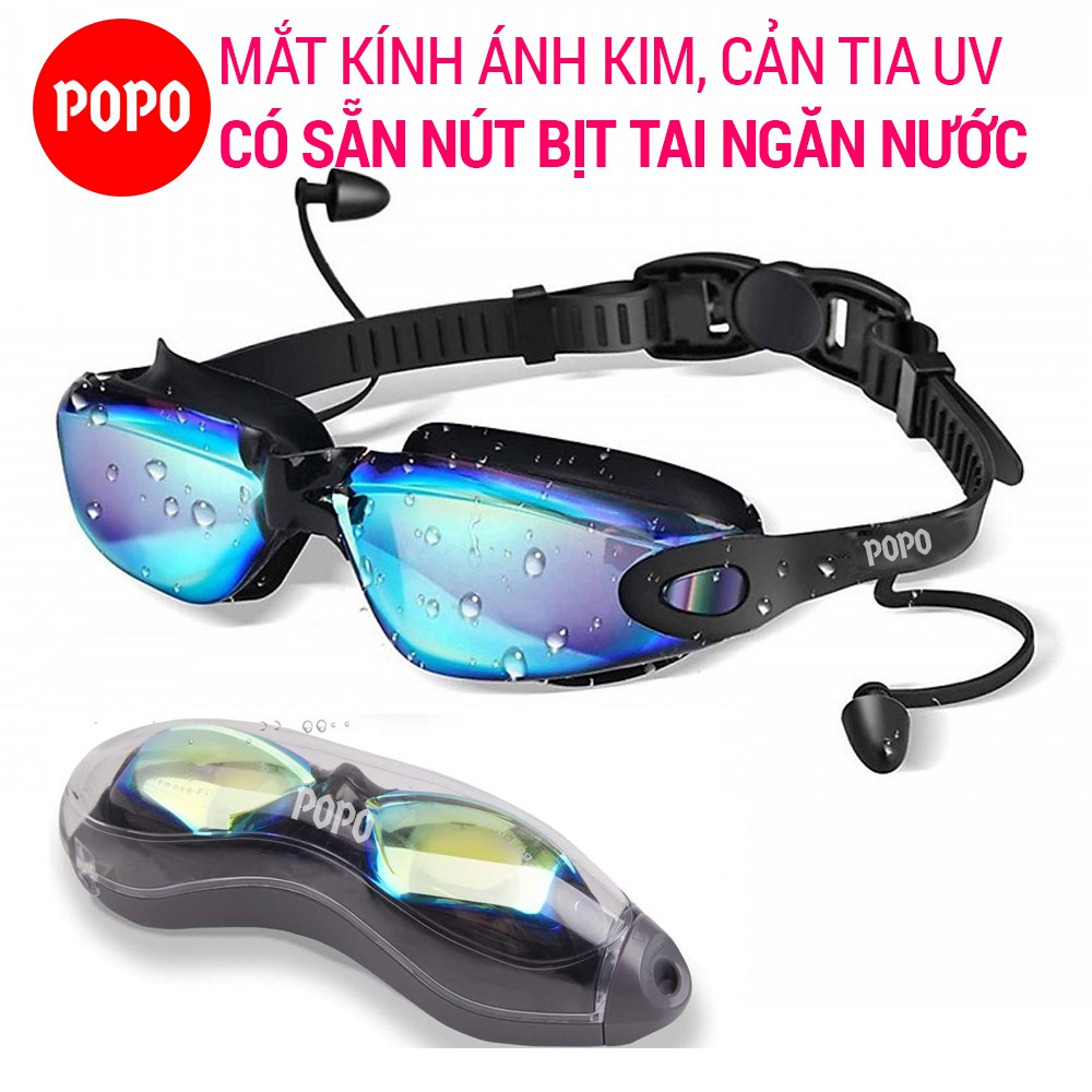 Kính bơi người lớn cho nam, nữ kèm 2 nút bịt tai POPO 1940 chống tia UV, mắt hính bơi hạn chế sương mờ, tầm nhìn rộng