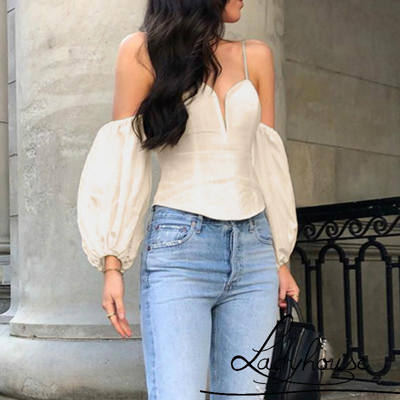 Áo Croptop Trễ Vai Cổ Chữ V Tay Phồng Ngắn Gợi Cảm Cho Nữ