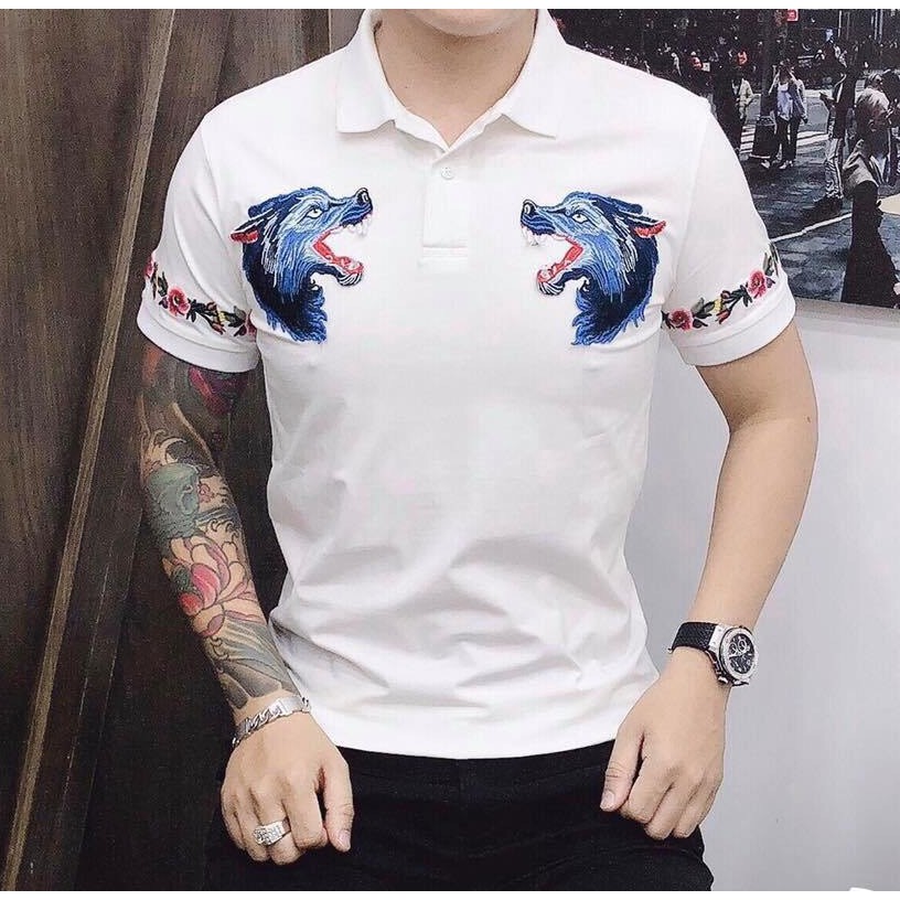 Áo thun nam ngắn tay cổ bẻ thêu sói nổi mạnh mẽ vải cotton xịn xuất khẩu