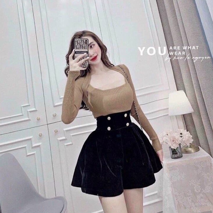 Quần Sooc Đùi Dáng Xoè Phồng Cạp Lưng Cao Chất Nhung Đen Tuyền Mềm Mại Phối 4 Khuy Tôn Dáng GOM