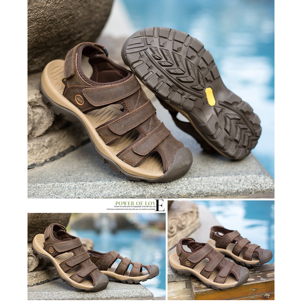 Giày Sandal đế bằng quai da chống thấm nước thời trang tiện dụng cho nam