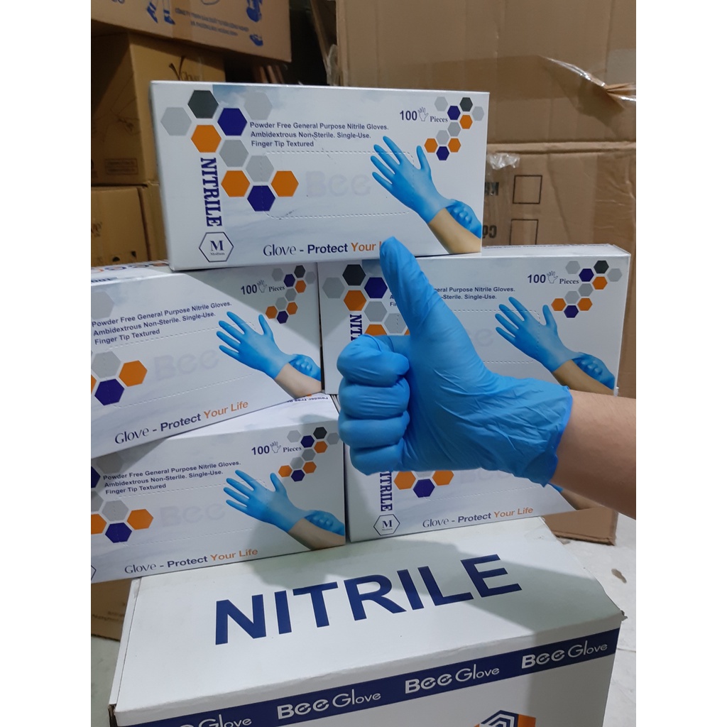 Hộp 50 đôi(100 chiếc) Găng tay cao su nhân tạo NITRILE không bột BEE GLOVE, chính hãng Màu Blue 4.0gr-Size S,M,L