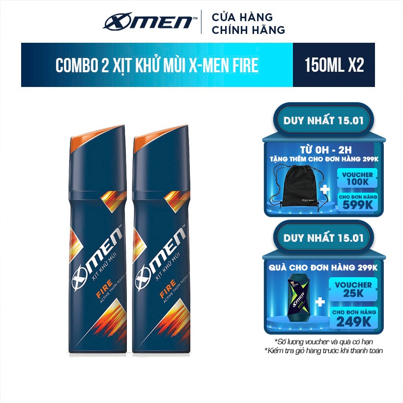 [Mã COSMEN giảm 8% đơn 250K] Combo 2 Xịt khử mùi X-men Fire 150ml