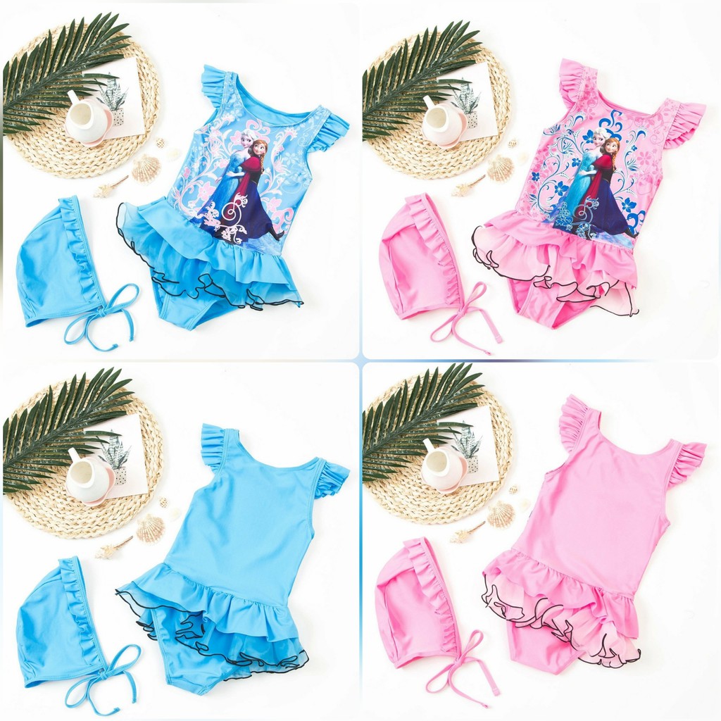 Bộ đồ bơi một mảnh hoạ tiết công chúa Elsa kèm nón - Đồ bơi bé gái DBBG36