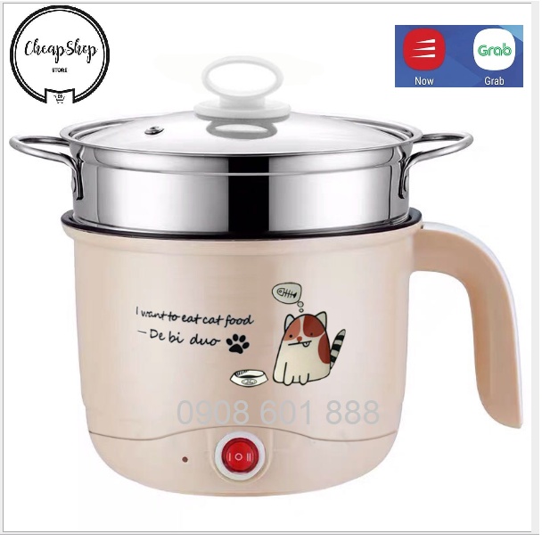 Ca Nấu Mì, Nấu Cơm Đa Năng Có Tay Cầm 1,8L - Nồi Lẩu Điện Mini Kèm Giá Hấp Inox, Ca Mỳ Đa Năng Cooking Poot