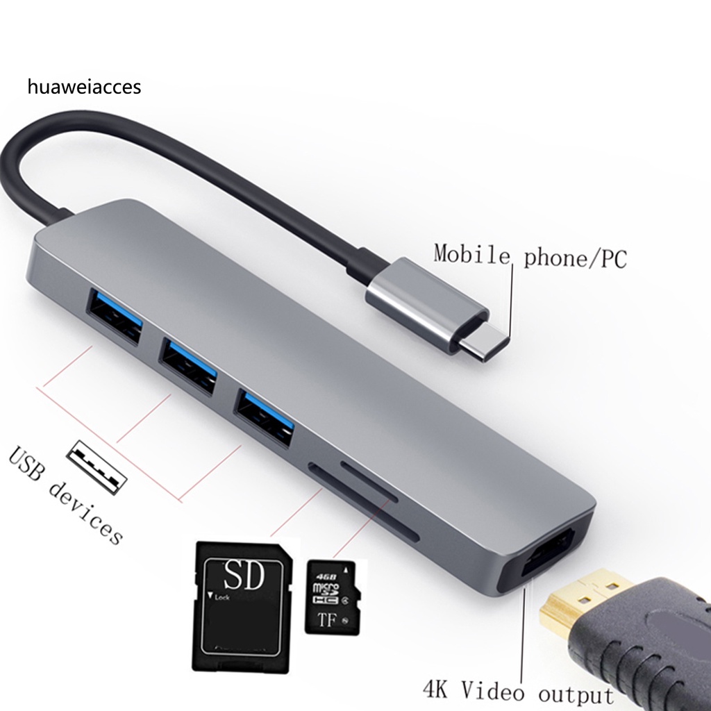 Đầu Chuyển Đổi Hua-6In1 4k Type C Sang Hdmi-Compatible Usb 3.0 Micro-Sd Tf