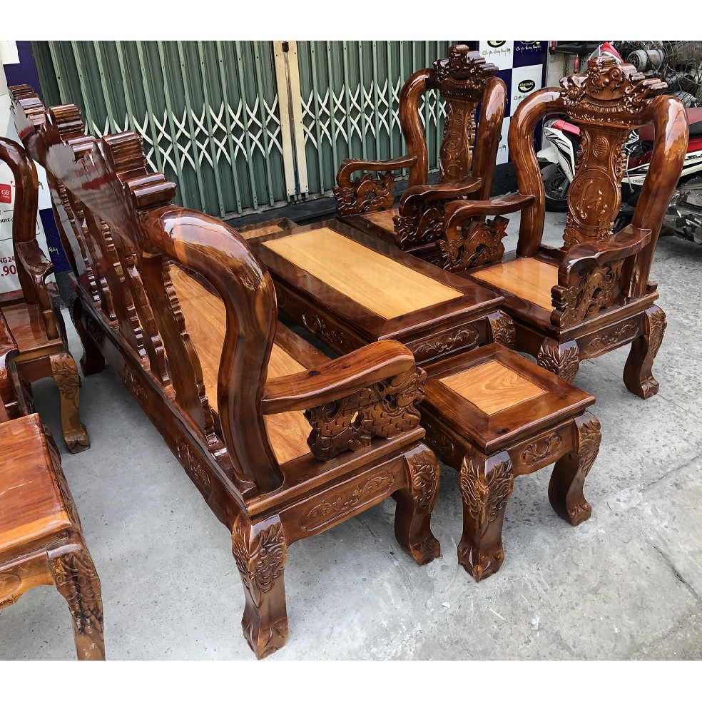Bộ bàn ghế salon tay 10 gỗ xoan đào, mặt gỗ gõ đỏ chạm nghê