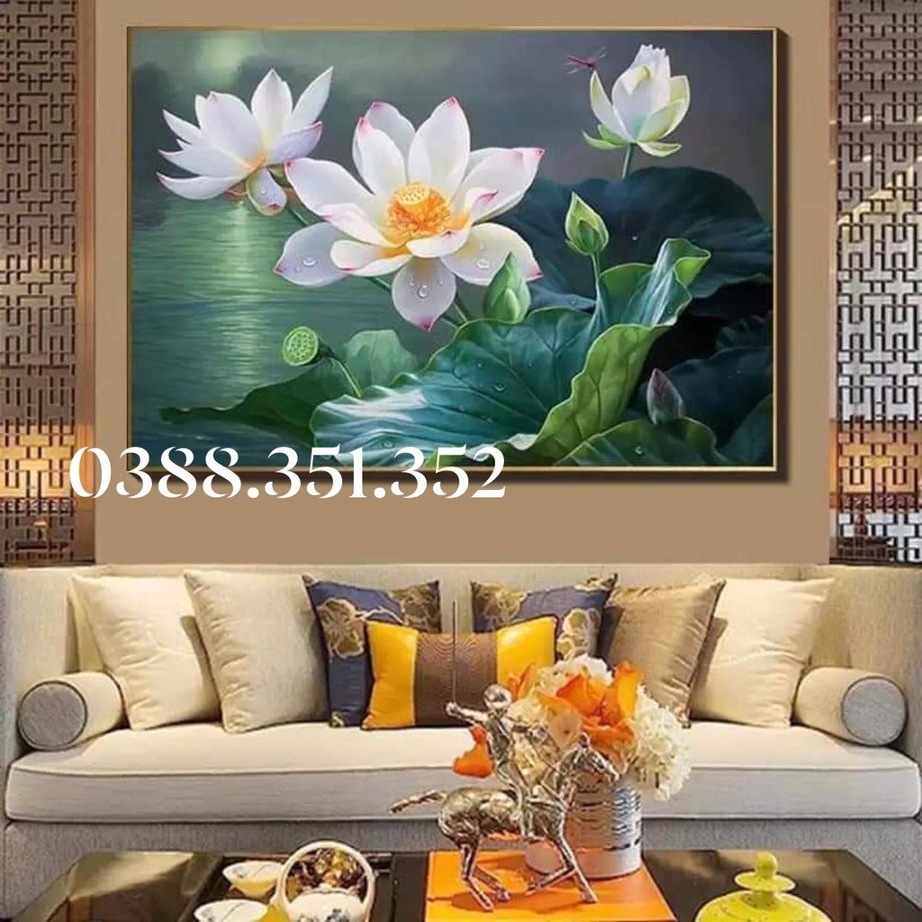 Tranh thêu chữ thập hoa sen độc lạ 50*75cm và 120x80cm thêu kín