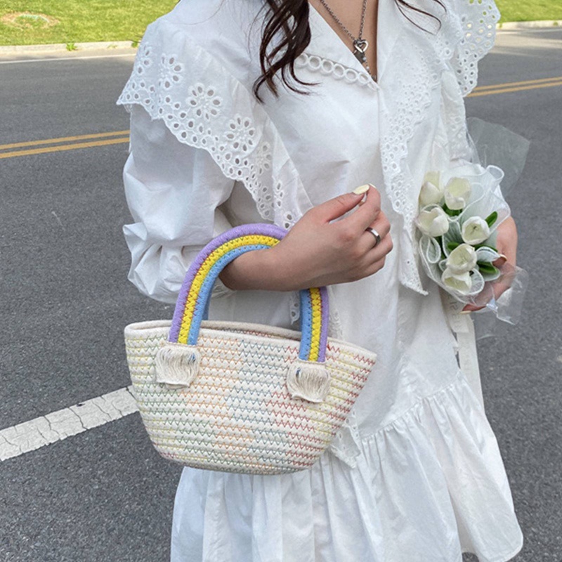 Túi Xách cotton Đan Lát Màu Cầu Vồng Dễ Thương Cho Nữ