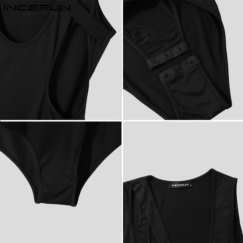 Áo liền quần INCERUN dành cho nam thiết kế tay ngắn cắt lỗ quyến rũ thời trang màu đen