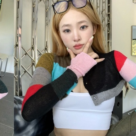 QKOOLE  Áo Croptop Dệt Kim Tay Dài Màu Sắc Vintage Hàn Quốc Cho Nữ