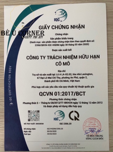 Khẩu trang como màu xanh vải kháng khuẩn trượt nước kèm hộp