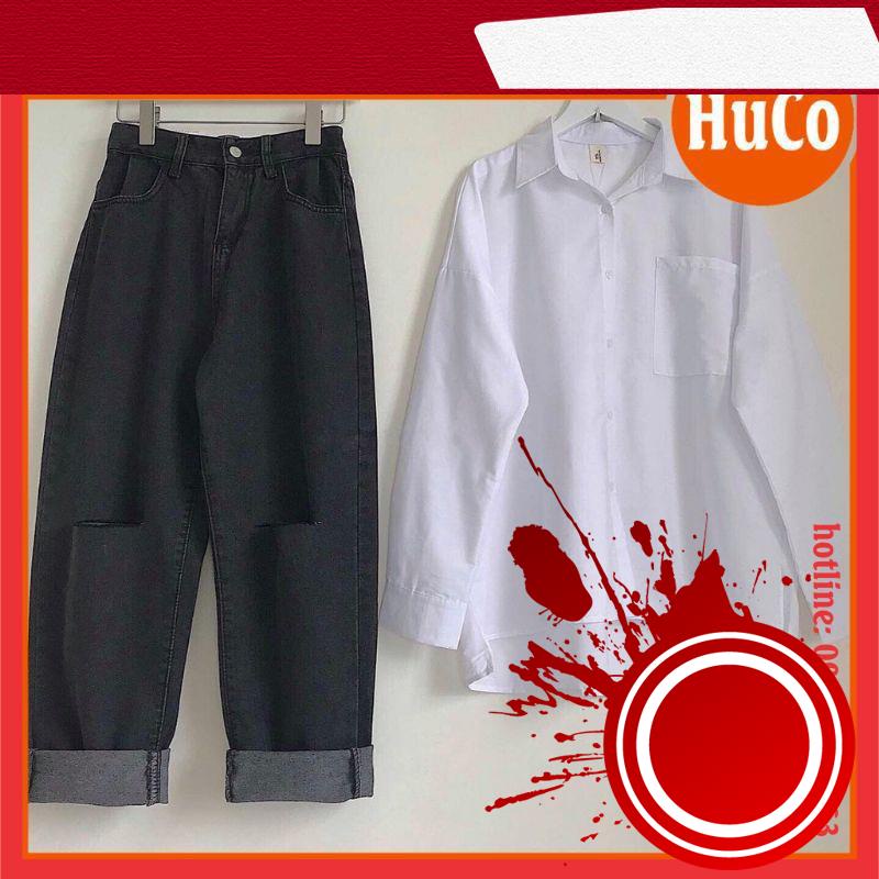 【Hàng sẵn sàng】 sét trang phục nữ, sét đồ áo sơ mi trắng dài tay xẻ tà basic trơn + quần bò đen cạp cao ống rộng siêu há