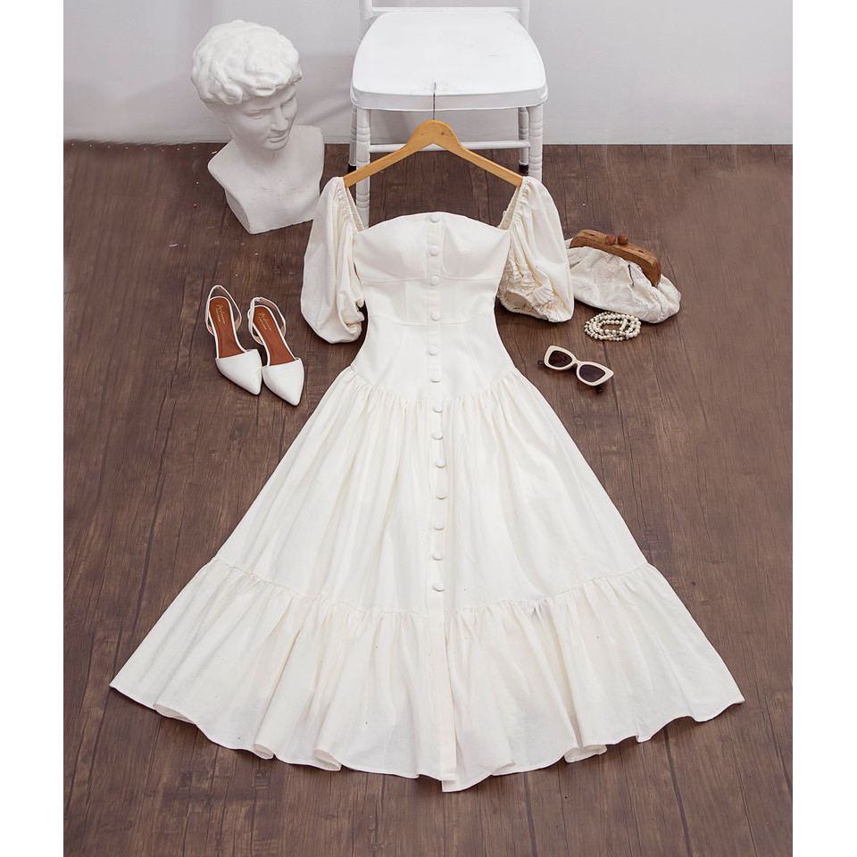 SÒ VINTAGE - REYNA Đầm maxi xô cổ U tay phồng phối nút | BigBuy360 - bigbuy360.vn