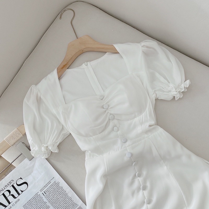 ĐẦM MIDI TRẮNG NHÍU NGỰC NÚT BỌC TAY BÚP MẪU CHỊ NINA LÊ ✨LOTUS SHOP✨