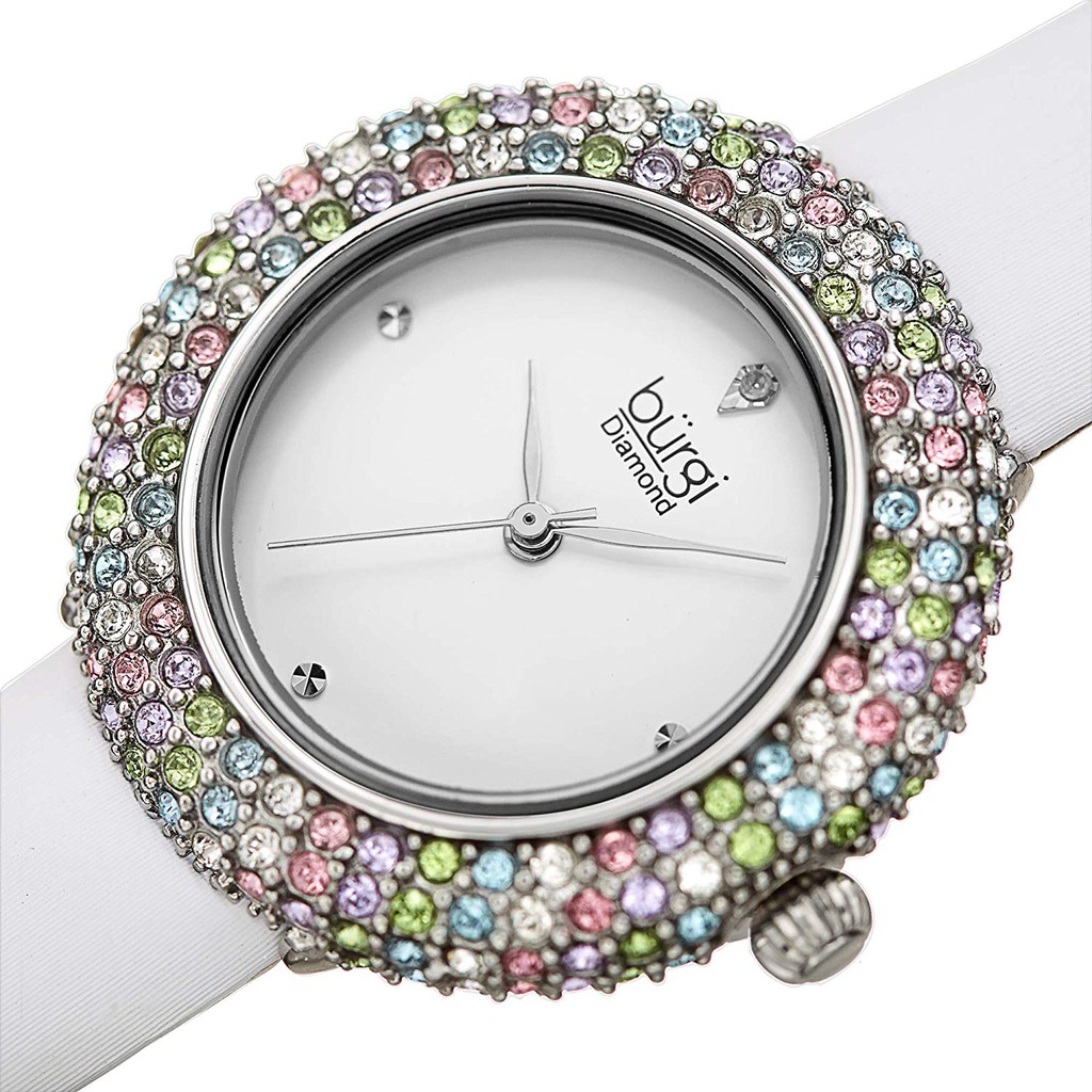 ĐỒNG HỒ NỮ THỜI TRANG BURGI BUR227 COLORED SWAROVSKI CRYSTAL DÂY DA - MÂM XÔI ĐÍNH ĐÁ CỰC SANG - SIZE 33MM