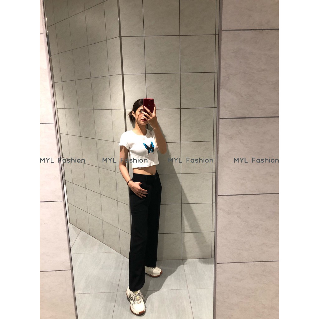 Áo croptop cộc tay, croptop thun gân tay ngắn thêu hình bướm, myl.fashion | BigBuy360 - bigbuy360.vn
