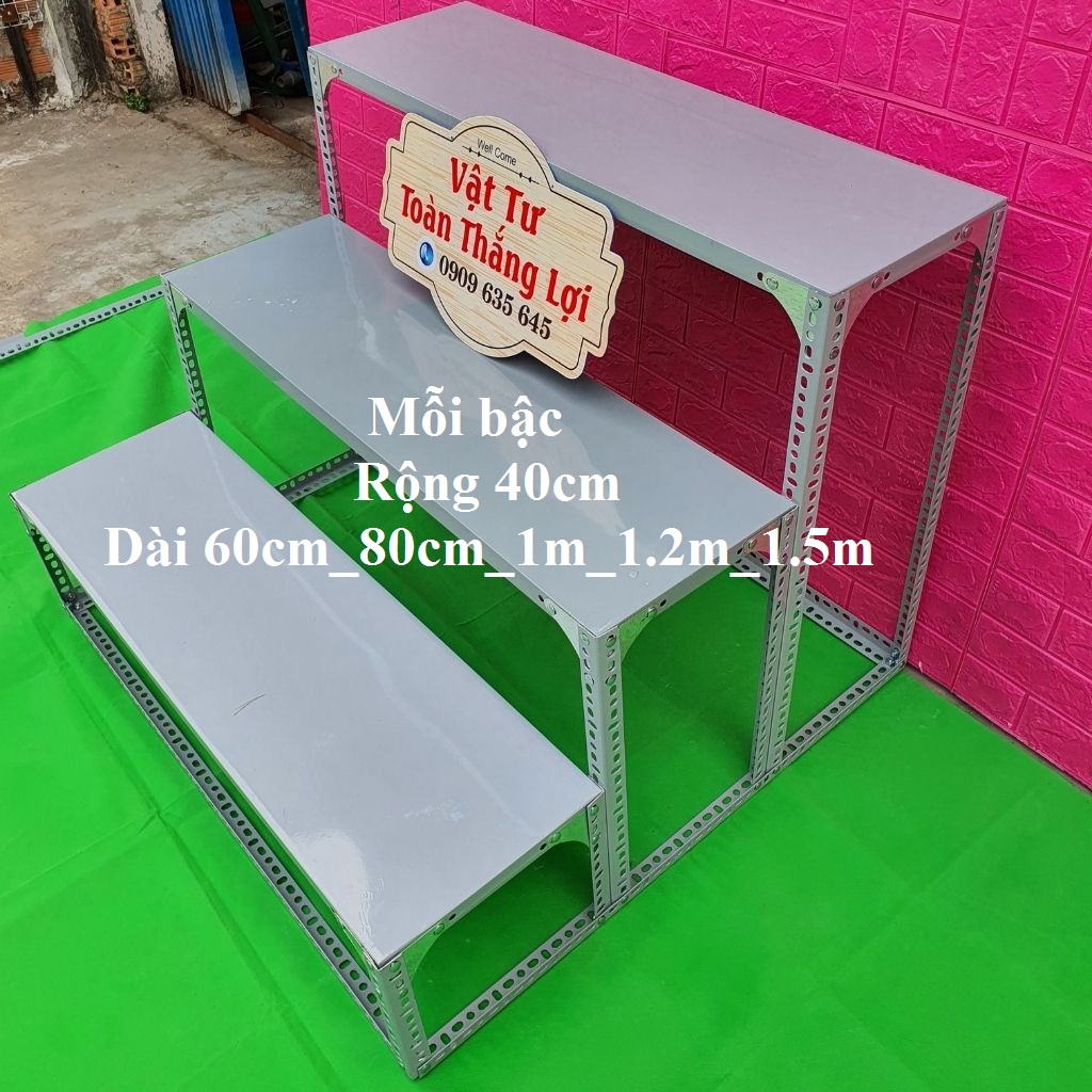 Kệ sắt V lỗ đa năng bậc thang 3 bậc ( khung V3,V4) bậc Rộng 40cm x Dài 60cm_80cm_1m_1.2m_1.5m cao nhiều kích thước