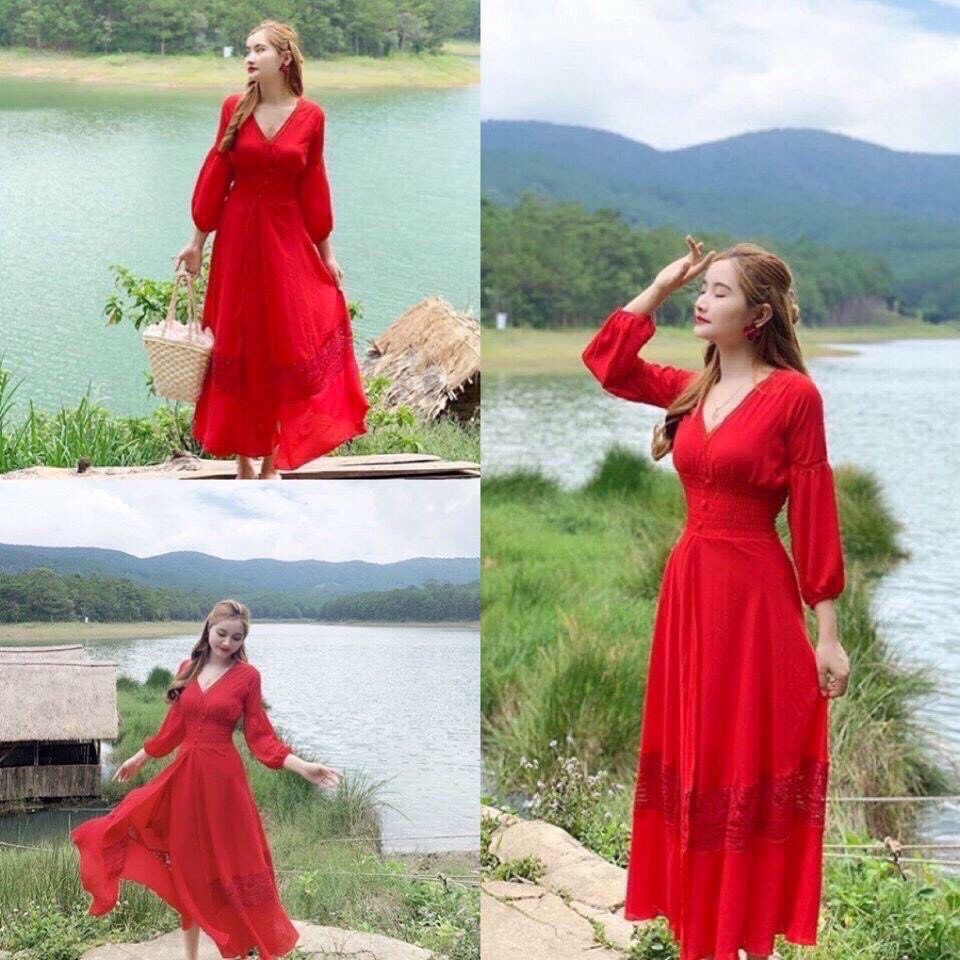 Đầm maxi đỏ phối ren xẻ tà | BigBuy360 - bigbuy360.vn