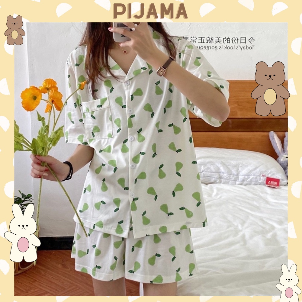 Bộ đồ ngủ pijama nữ cộc tay quần đùi chất lụa Kate Thái mềm mịn màu trắng họa tiết quả lê xanh đáng yêu