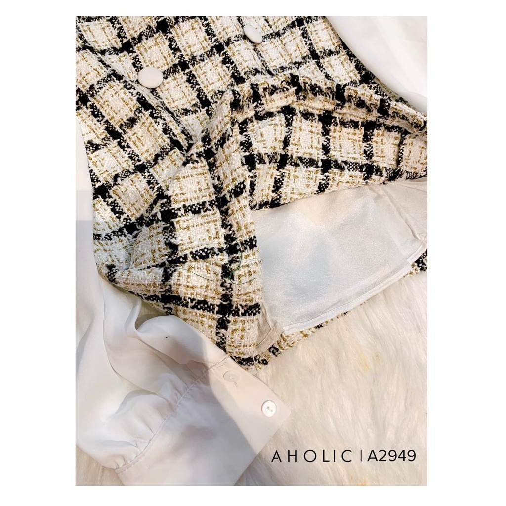 Áo phối dạ kẻ tay sơ mi cổ bèo nhún A3050Aholic