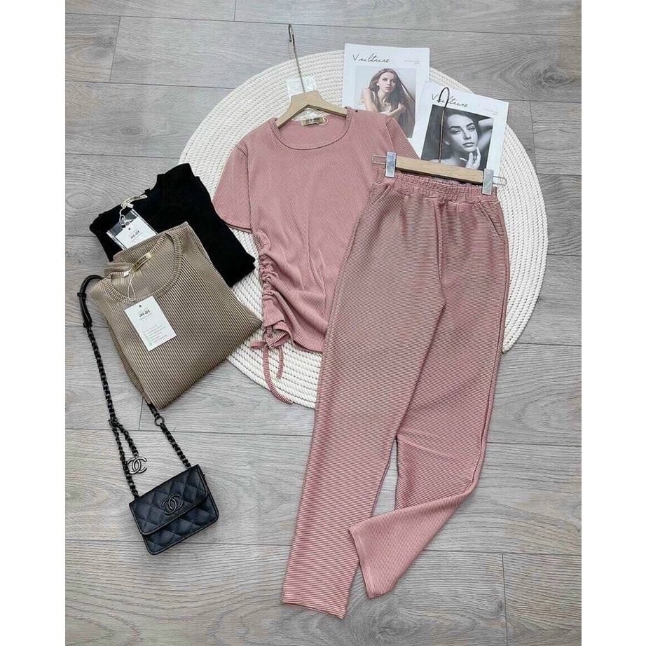 Sét bộ áo cộc quần dài áo rút dây một bên eo kiểu đơn giản mà sang chảnh vải co giãn 3 màu nâu đen và hồng siêu xinh