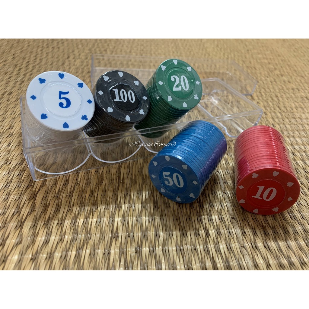 Hộp nhựa 100 phỉnh poker có số (poker chip) mệnh giá 5, 10, 20, 50, 100