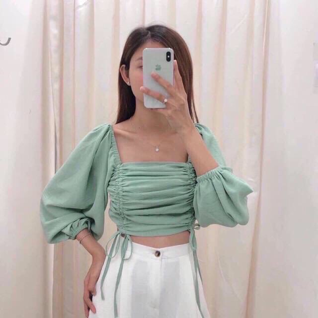 ÁO CROPTOP TAY DÀI CỘT DÂY 2 BÊN NHIỀU MÀU - CROPTOP RÚT DÂY TAY PHỒNG HỒNG VÀNG XANH ĐEN TRẮNG - CROPTOP TRỄ VAI CỔ VUÔ