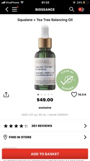 [Gốc 1360k] Dầu dưỡng Biossance Squalane + Tea Tree Balancing fullsize 30ml