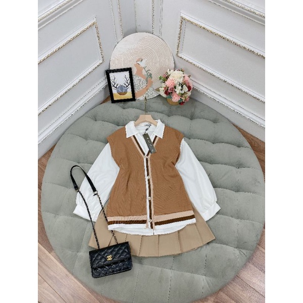 Set 3 món áo sơ mi trắng phối gile len tăm, chân váy xếp ly cực xinh_Set váy đẹp❤