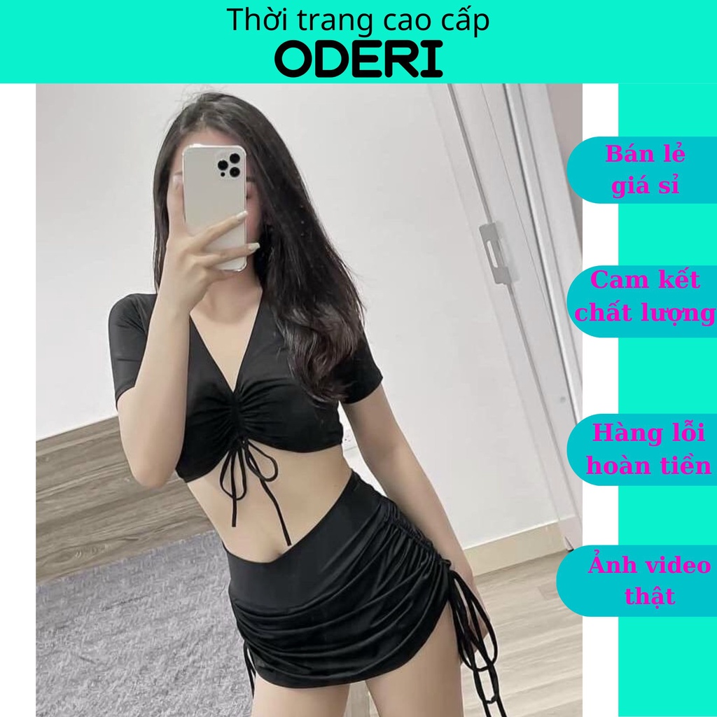 ℗SET BIKINI, ĐỒ BƠI ĐI BIỂN HAI MẢNH ÁO TAY NGẮN  RÚT NGỰC CHÂN  VÁY RÚT DỄ THƯƠNG ODERI HM208
