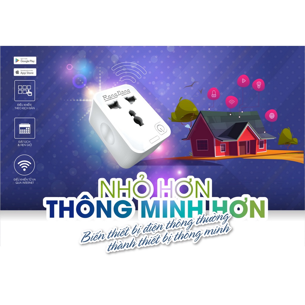 Ổ cắm điện thông minh Rạng Đông 16A điều khiển từ xa, thích hợp với mọi loại chân cắm