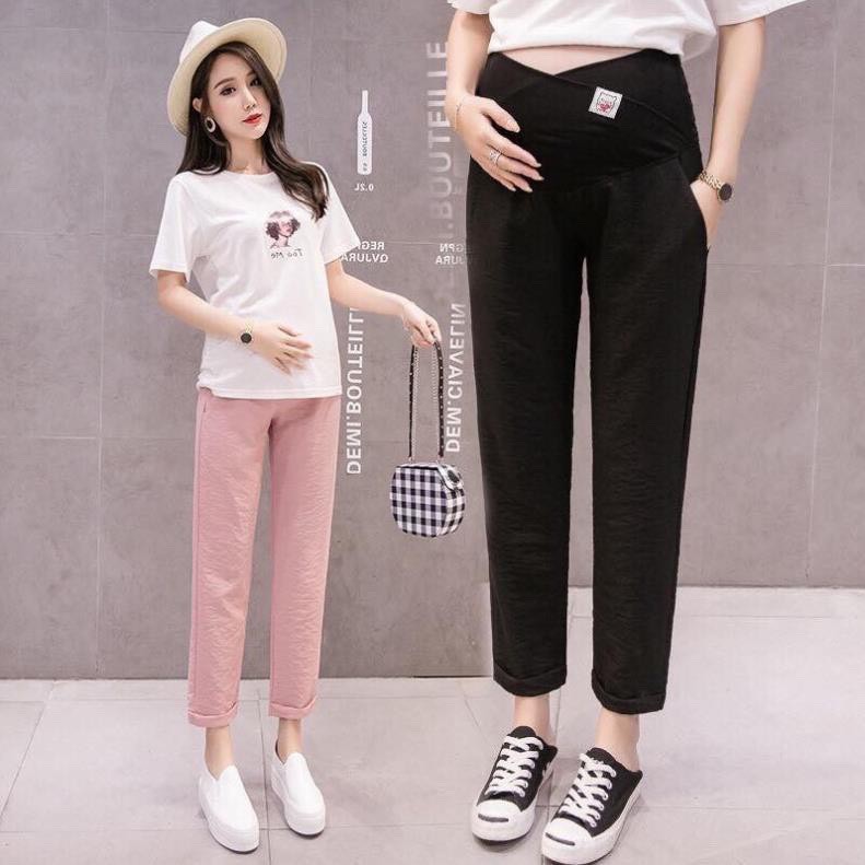 Quần bầu baggy đũi gập gấu cạp chéo siêu mát Ko nhăn☘quần cạp chéo bầu có đáp bụng và chun chỉnhSize từ S đến 3XL QB203