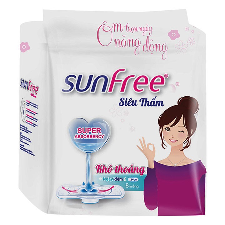 Băng vệ sinh Sunfree siêu thấm khô thoáng có cánh 24cm x Gói 8 Miếng