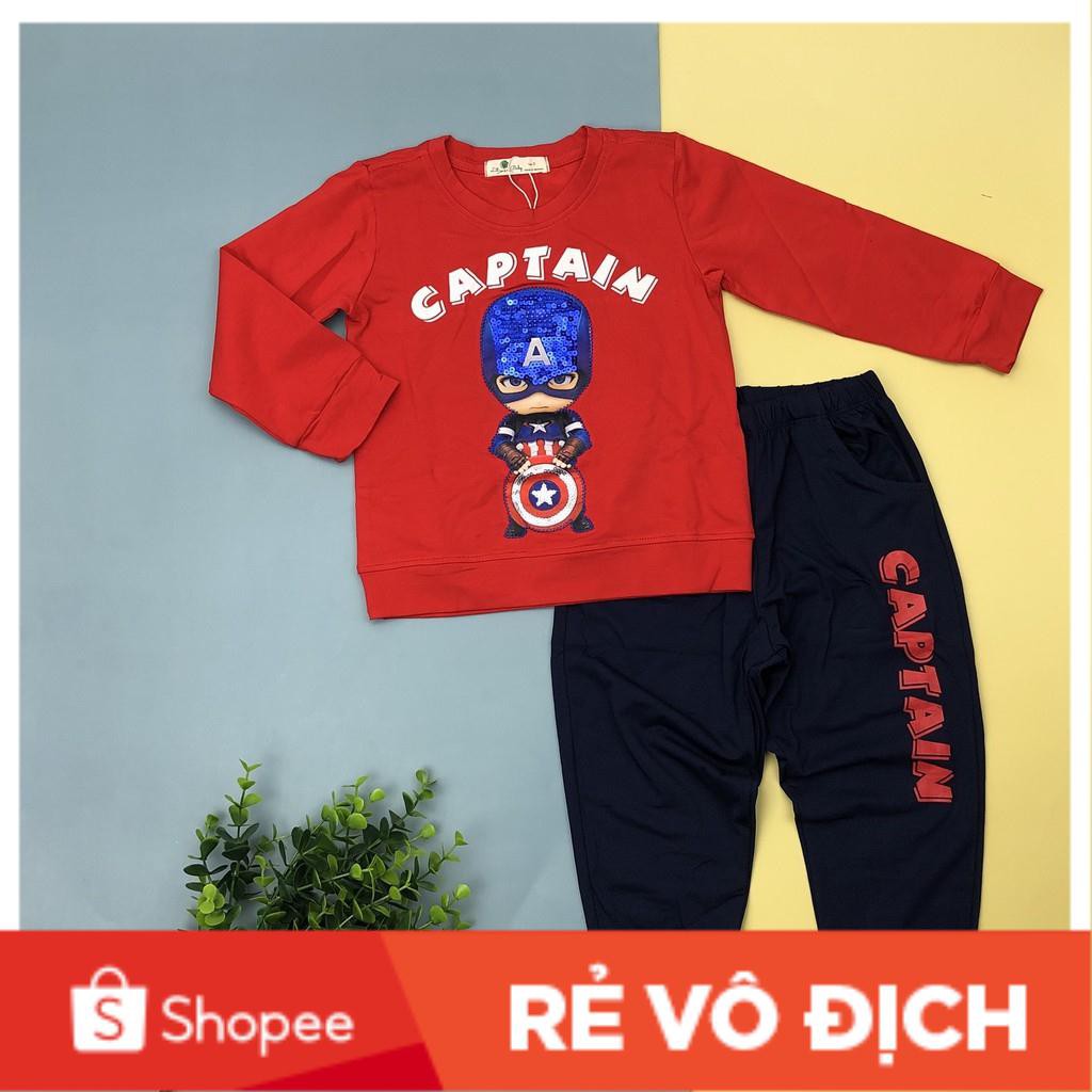 Bộ cotton  bé trai Caption size 3-10T, cho bạn 12-30kg. Chất cotton dày dặn, đanh tay. Hình đính chắc chắn