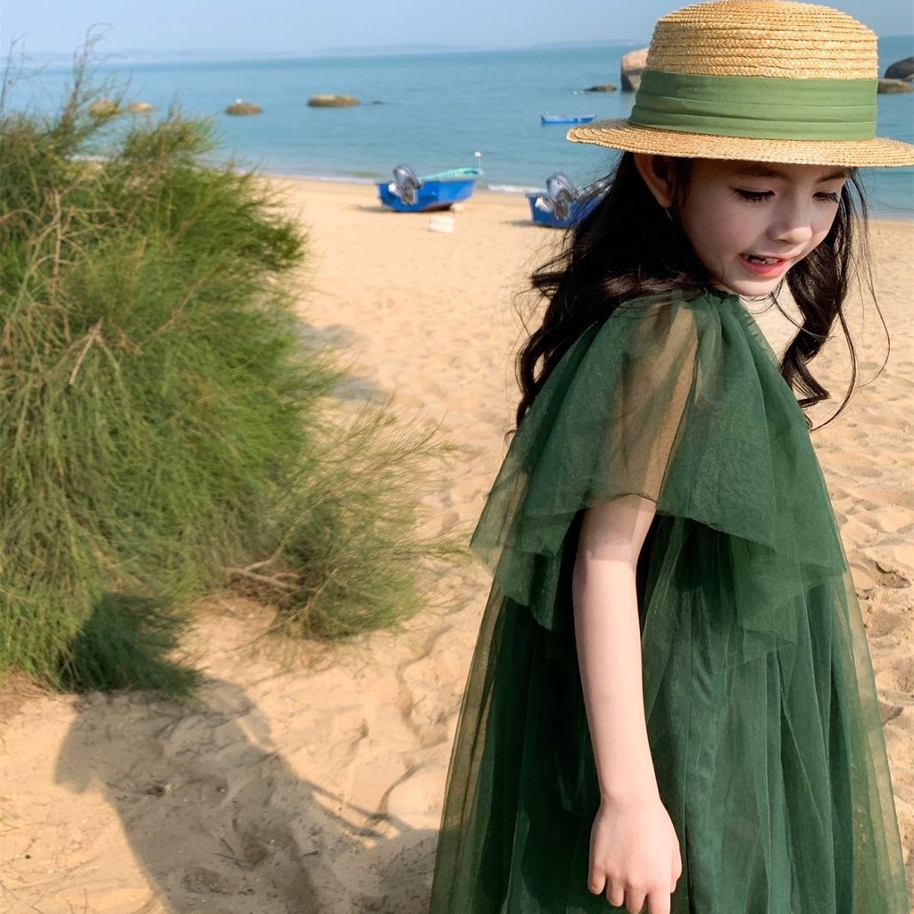 Đầm Công Chúa Phối Lưới Màu Xanh Lá Cổ Điển Cho Bé Gái