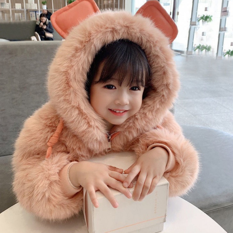 Áo khoác nhung cotton lông thú giả dày dễ thương thời trang mùa đông cho bé gái