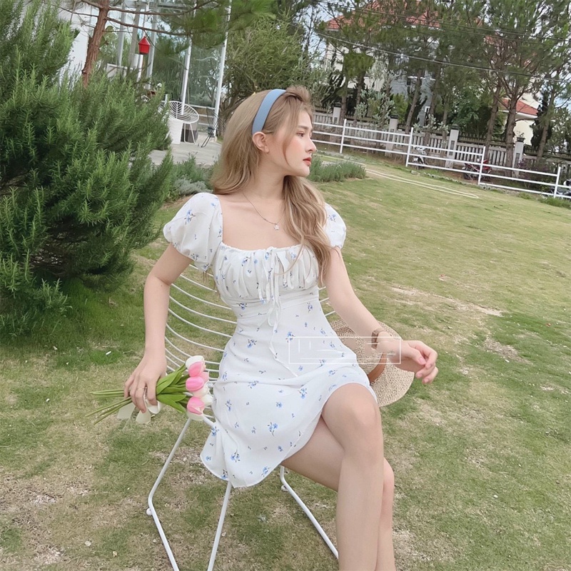 Đầm hoa rớt vai váy nữ hai dây yếm chéo cổ cutout lưng chât dày dặn đi tiệc đi du lịch hẹn hò sang trọng