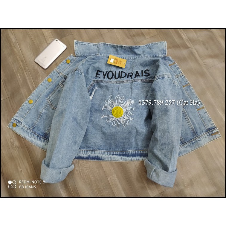 Aó khoác jean nữ xám xanh như hình form dưới 58Kg bông cúc đậm nhạt BB20