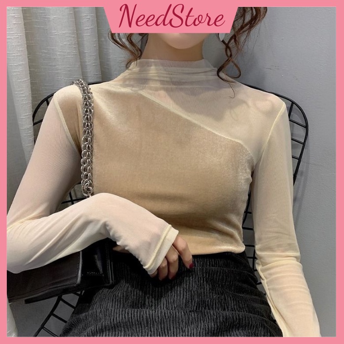 Áo giữ nhiệt nữ cổ tròn chất nhung siêu ấm phối lưới ôm body co giãn sang trọng quý phái phối vest blazer
