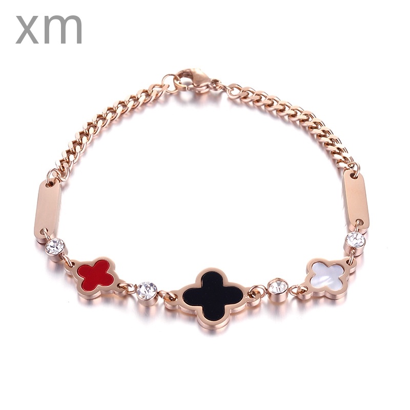 Vòng Tay Cỏ Bốn Lá Bằng Thép Titan Mạ Vàng Hồng 18k Màu Trắng Đen