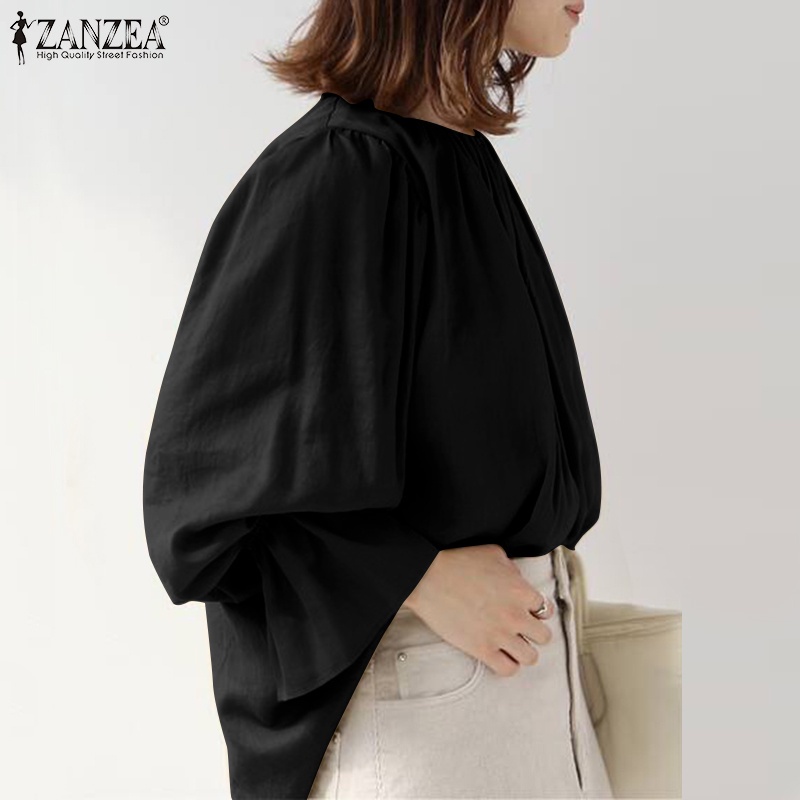 Áo ZANZEA tay dài cổ tay co giản cổ tròn màu trơn đơn giản phong cách Hàn Quốc
